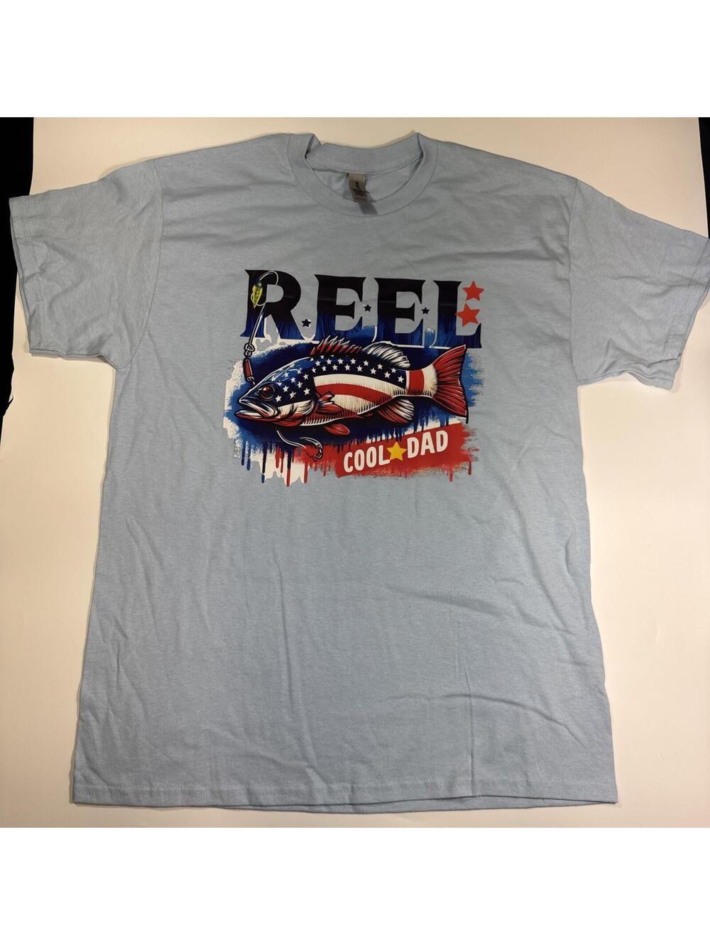 Reel Cool Dad Fishing Size Large Blue T-Shirt Fish Patriotic Father's Day Tee